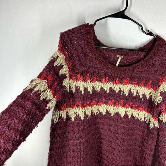 Free People Fuzzy Fair Isle Knitted Wool Sweater Gorpcore Winter Burgundy XS - Picture 4 of 10